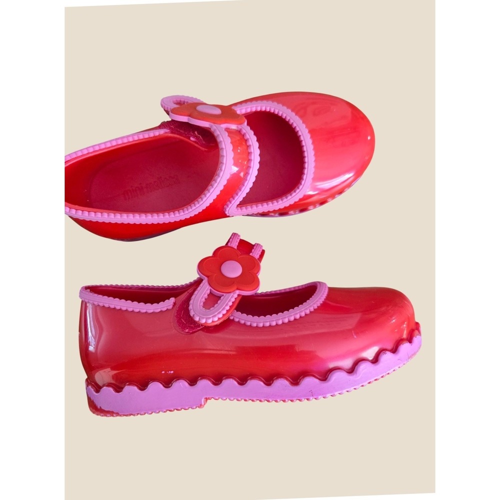 Mini Melissa Red Pink Flower Jelly Mary Jane Flats Shoes Kids Size 9 USA